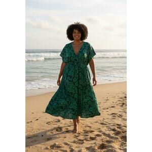 Amazon Essentials Dress Womens 4X Green Floral Maxi V Neck Short Sleeve Jersey